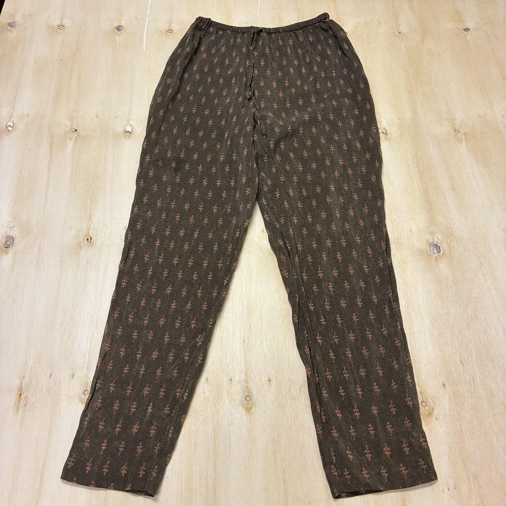Vintage Amanda Smith Pants Womens Small Brown Silk Crepe Floral Pull On Relaxed